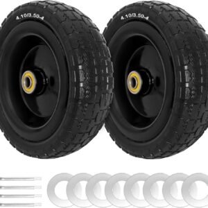 4.10/3.50-4 Tire and Wheel for Gorilla Cart - 10" Flat Free Tires for Hand Truck, Dolly, Snowblower, Generator, Garden Cart, Wagon, Trolley, Solid Rubber Tires Without Flat Spots, 2 Pack