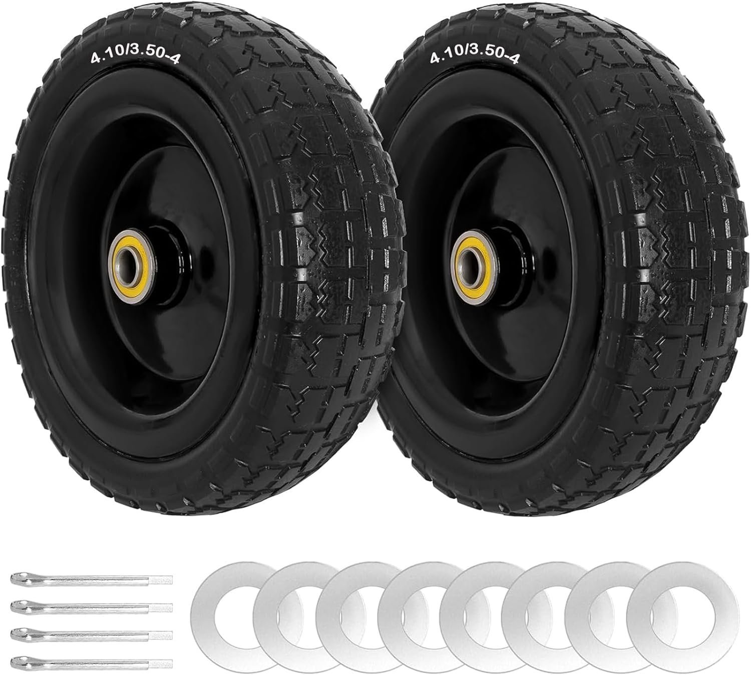 4.10/3.50-4 Tire and Wheel for Gorilla Cart - 10" Flat Free Tires for Hand Truck, Dolly, Snowblower, Generator, Garden Cart, Wagon, Trolley, Solid Rubber Tires Without Flat Spots, 2 Pack