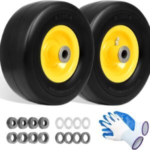 9x3.50-4" Flat Free Tires, Lawn Mower Wheels Fits for King Kutter Finish Mower/Zero-Turn Mower/Tractors/Wheelbarrows/Garden Carts, 3/4" or 5/8" Bushing, 3.4"-4''-4.5''-5" Centered Hub, 2 Pack