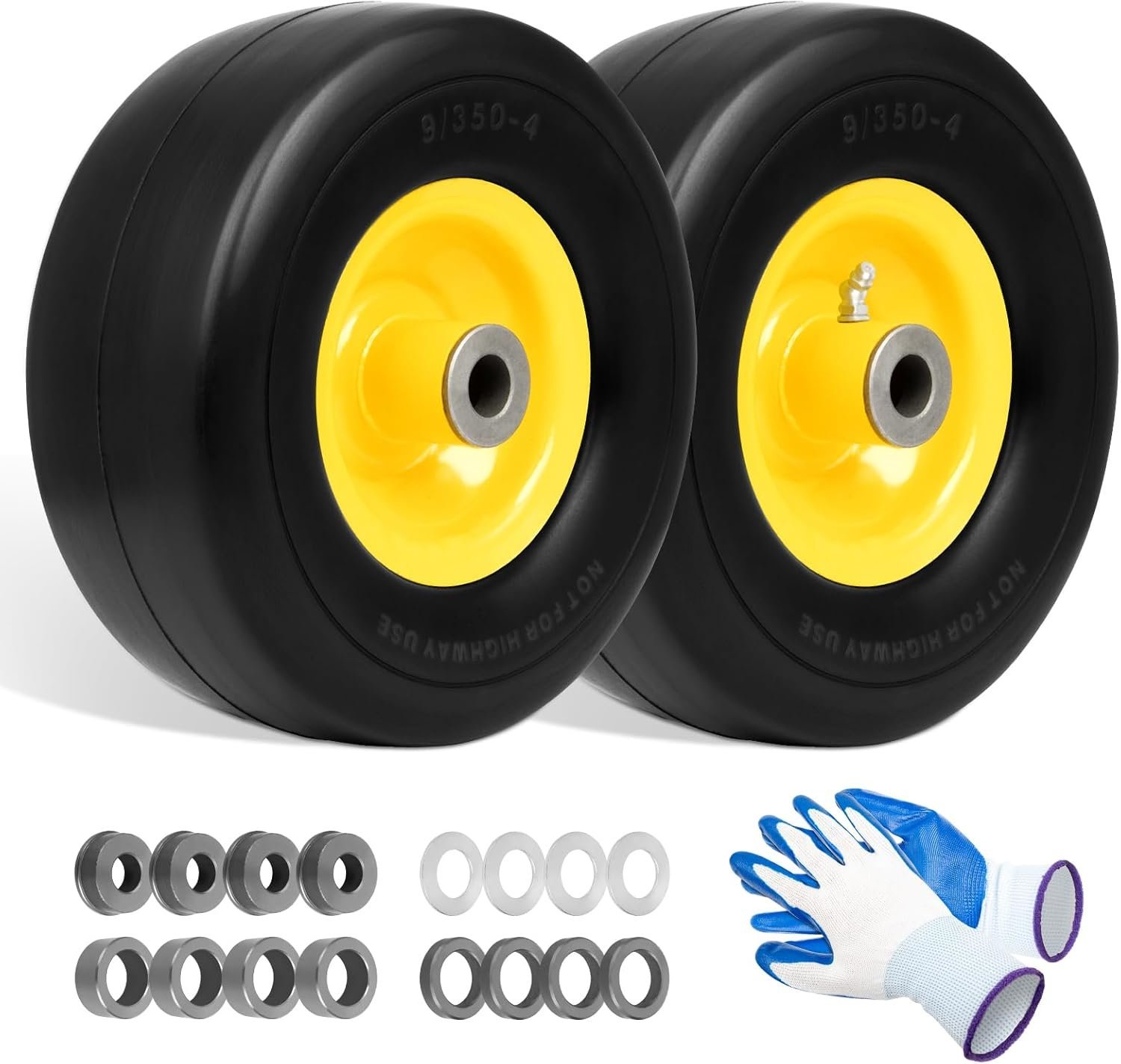 9x3.50-4" Flat Free Tires, Lawn Mower Wheels Fits for King Kutter Finish Mower/Zero-Turn Mower/Tractors/Wheelbarrows/Garden Carts, 3/4" or 5/8" Bushing, 3.4"-4''-4.5''-5" Centered Hub, 2 Pack