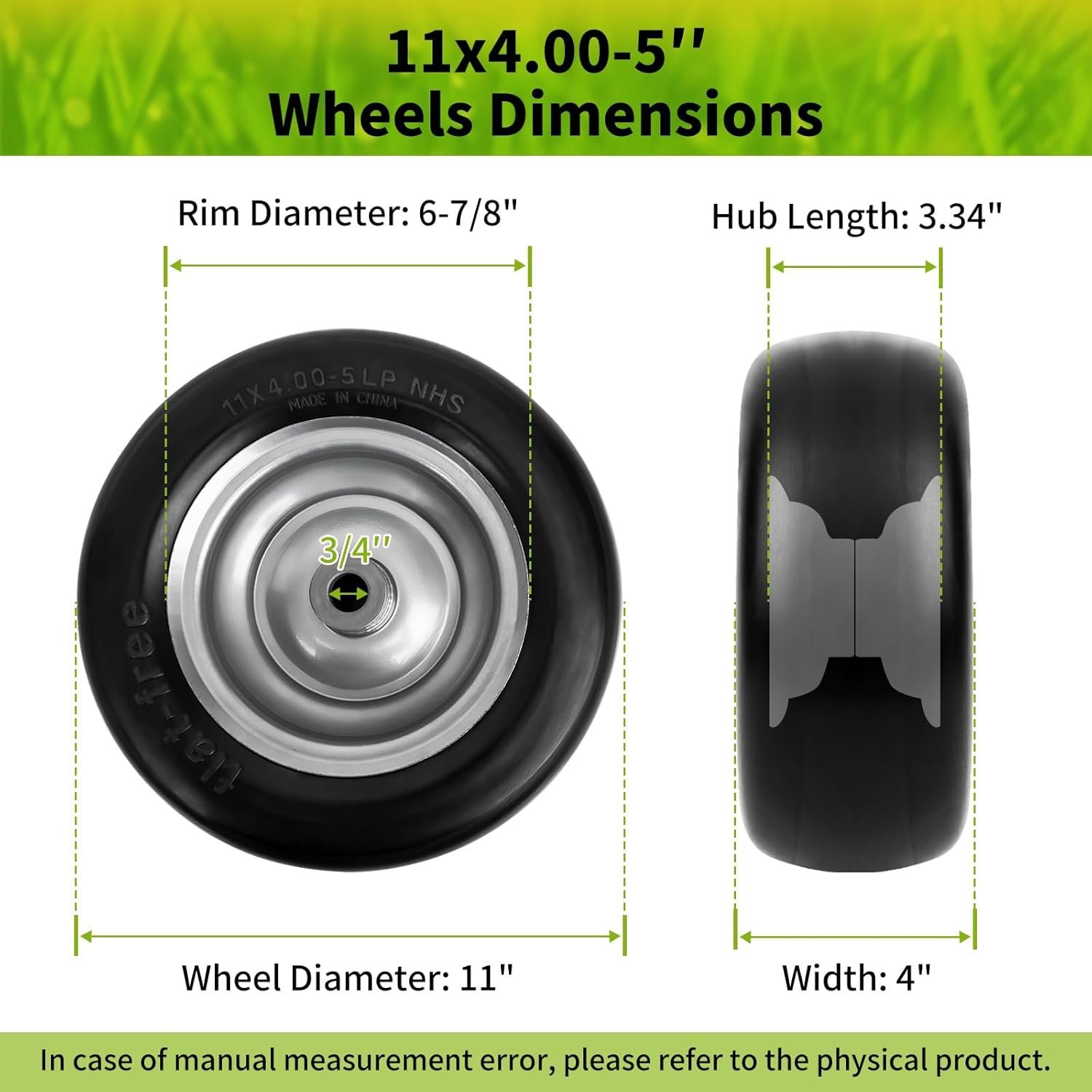 11 x 4.00-5 Lawn Mower Tires Flat Free, 11x4.00-5" Wheels Fits for Universal Zero-Turn Mower, 3/4" or 5/8" Bushing, 3.34"-4''-4.5''-5" Centered Hub, Smooth Tread, Adapter Kit Included - Image 2