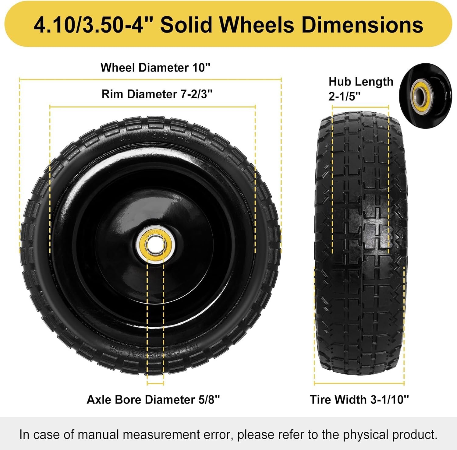 4.10/3.50-4 Tire and Wheel for Gorilla Cart - 10" Flat Free Tires for Hand Truck, Dolly, Snowblower, Generator, Garden Cart, Wagon, Trolley, Solid Rubber Tires Without Flat Spots, 2 Pack - Image 2