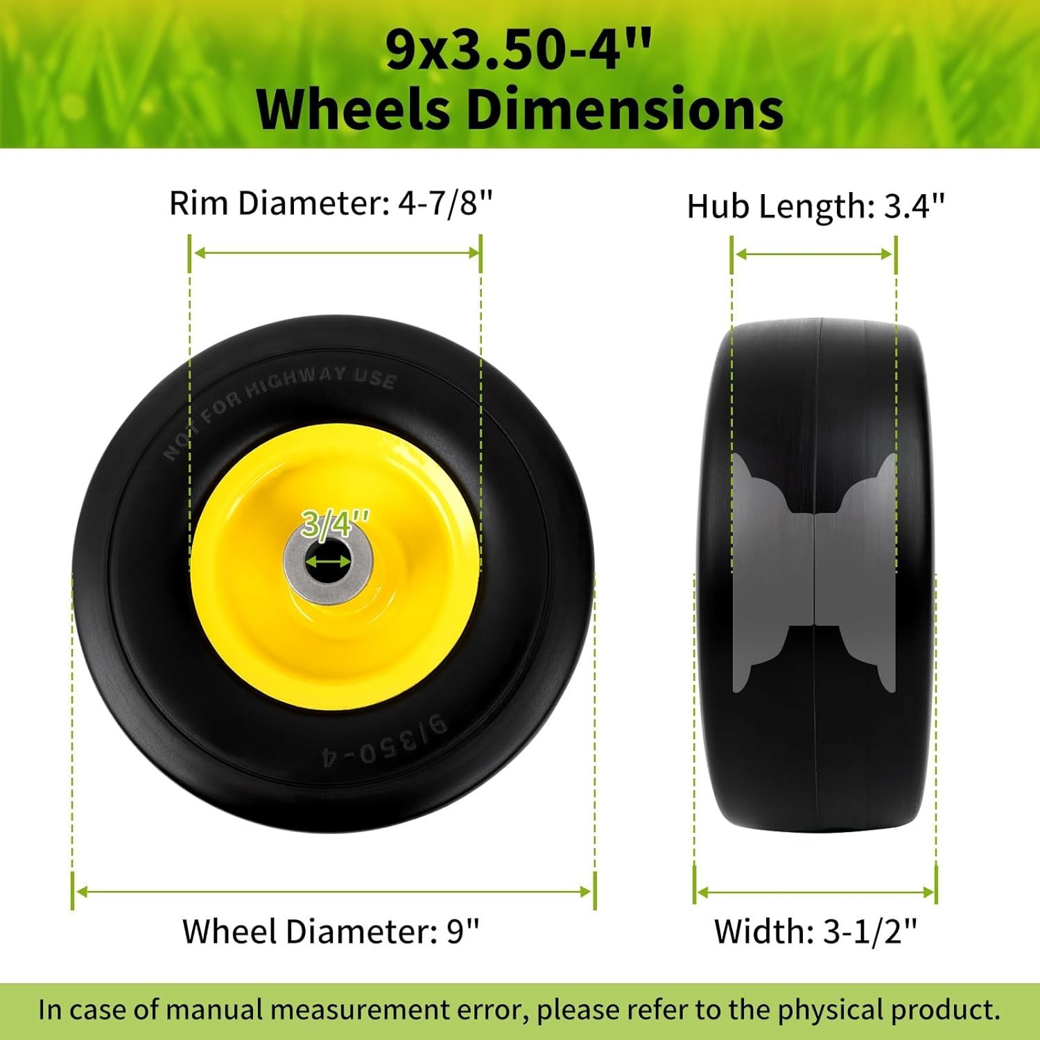 9x3.50-4" Flat Free Tires, Lawn Mower Wheels Fits for King Kutter Finish Mower/Zero-Turn Mower/Tractors/Wheelbarrows/Garden Carts, 3/4" or 5/8" Bushing, 3.4"-4''-4.5''-5" Centered Hub, 2 Pack - Image 2