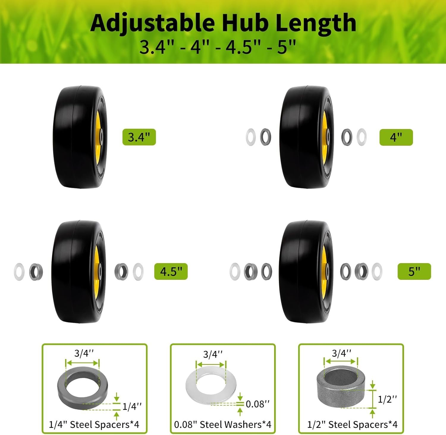 9x3.50-4" Flat Free Tires, Lawn Mower Wheels Fits for King Kutter Finish Mower/Zero-Turn Mower/Tractors/Wheelbarrows/Garden Carts, 3/4" or 5/8" Bushing, 3.4"-4''-4.5''-5" Centered Hub, 2 Pack - Image 3