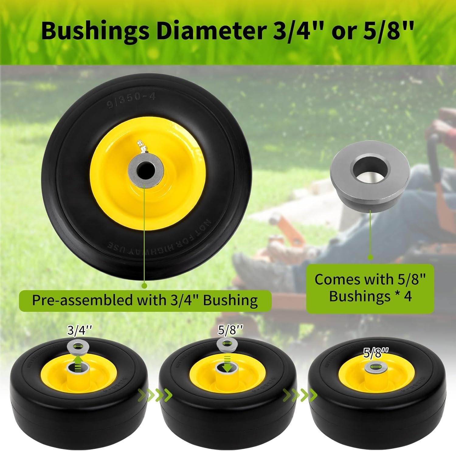 9x3.50-4" Flat Free Tires, Lawn Mower Wheels Fits for King Kutter Finish Mower/Zero-Turn Mower/Tractors/Wheelbarrows/Garden Carts, 3/4" or 5/8" Bushing, 3.4"-4''-4.5''-5" Centered Hub, 2 Pack - Image 4