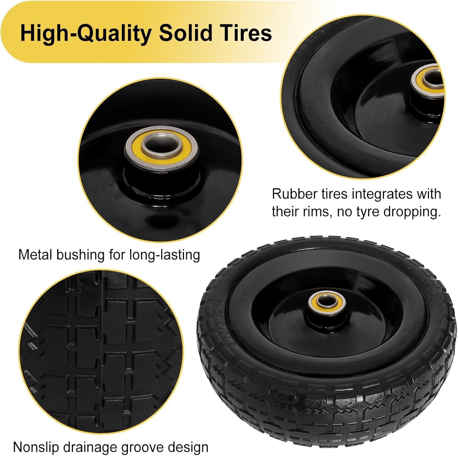 4.10/3.50-4 Tire and Wheel for Gorilla Cart - 10" Flat Free Tires for Hand Truck, Dolly, Snowblower, Generator, Garden Cart, Wagon, Trolley, Solid Rubber Tires Without Flat Spots, 2 Pack - Image 5